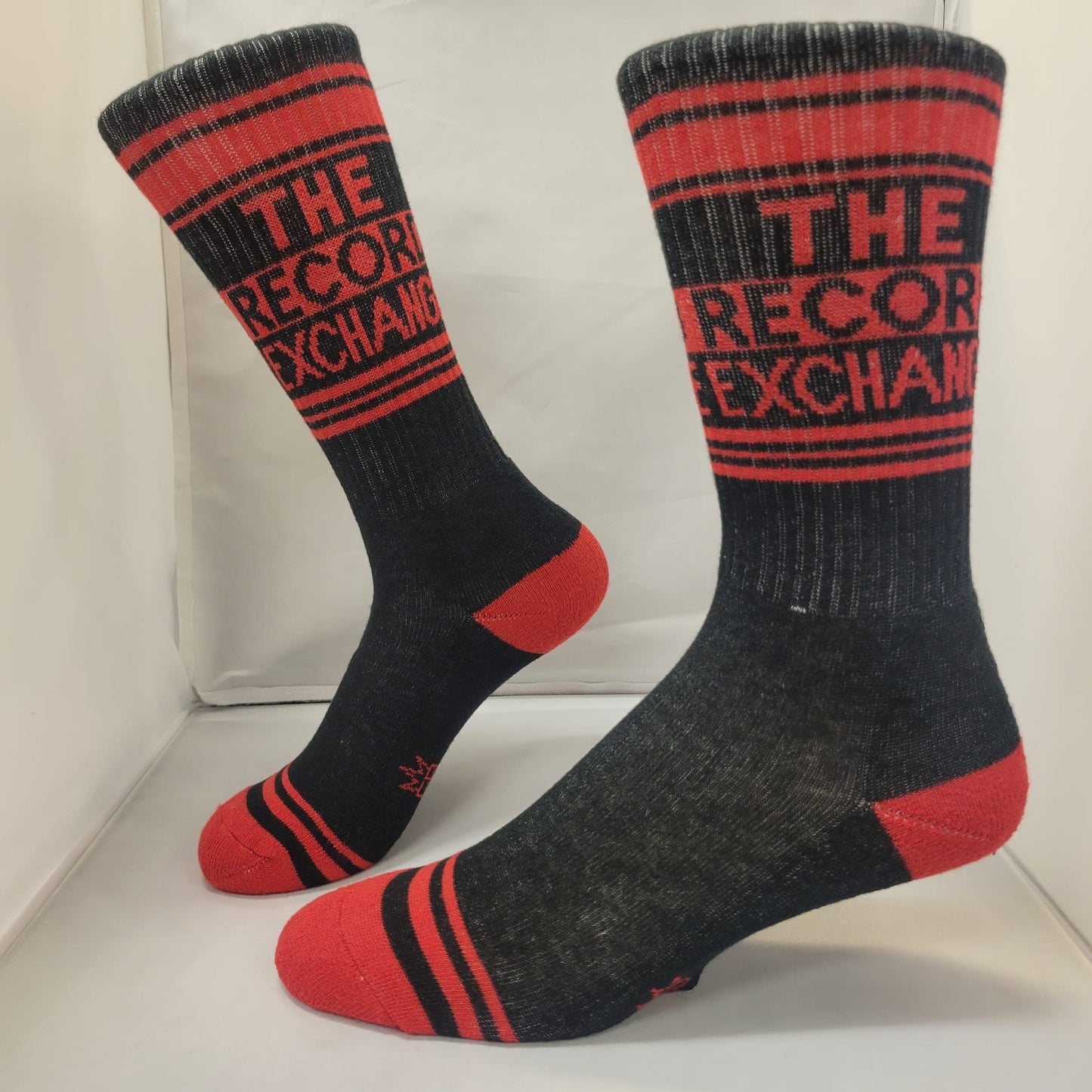 Red Striped Black Socks with The Record Exchange branding.