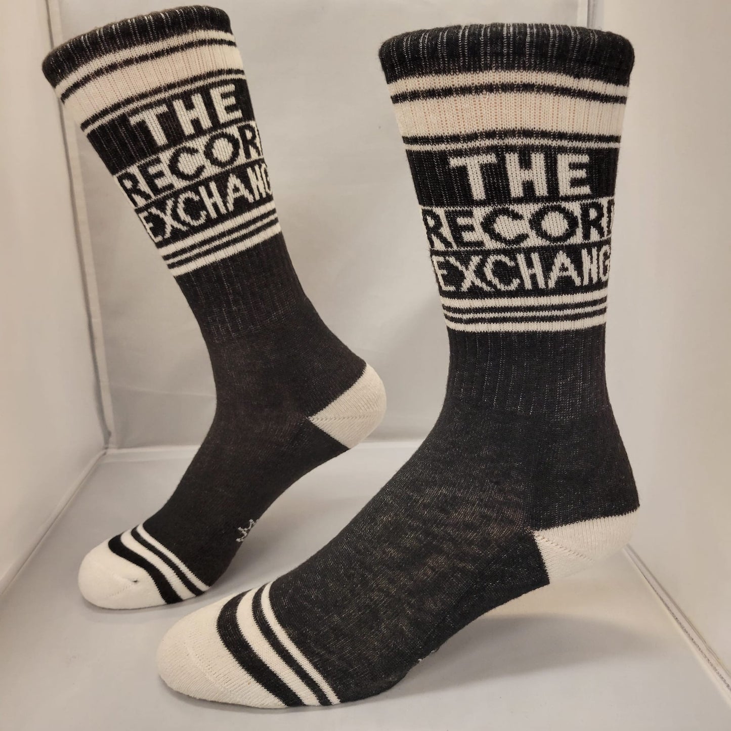 White Striped Black Socks with The Record Exchange branding