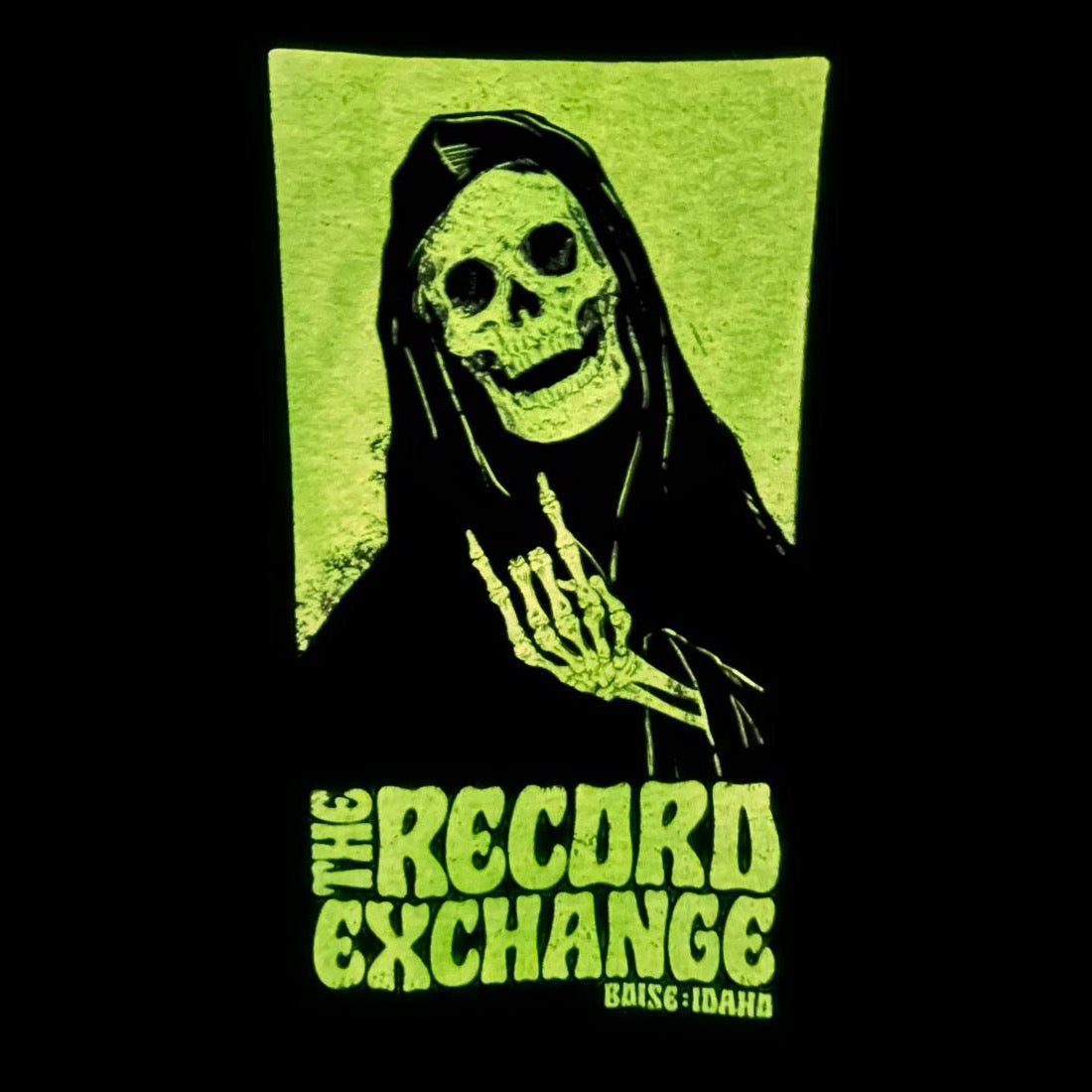 Limited Edition Black T-Shirt with Glow In The Dark design of Grim Reaper and The Record Exchange Boise Idaho.